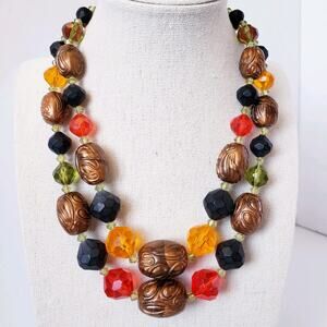 Vintage West Germany Double Strand Necklace Gold Tone Brown Black Red Orange 16"